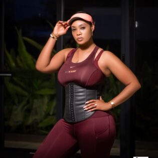 Model wearing latex waist trainer for slimming and posture support by Body by Blondy